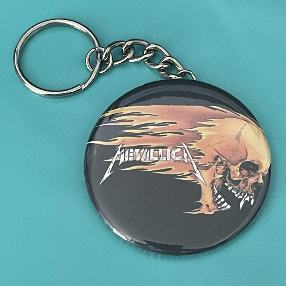 Vintage Metallica Flaming Skull Keychain 2.25" Button Badge 90s Band Metal Rock